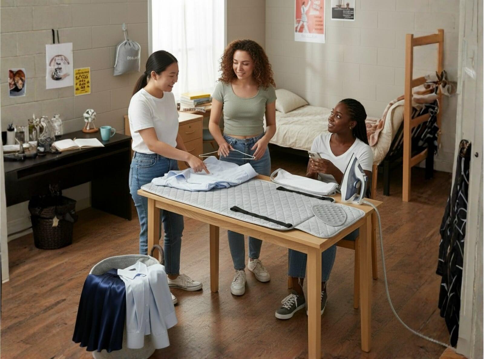 Dorm room ironing with a portable countertop ironing mat