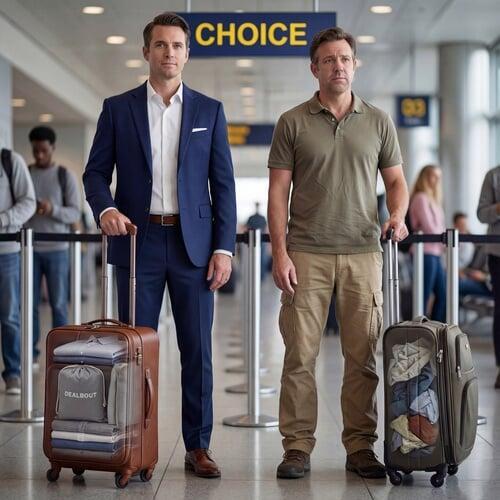 Traveler using a portable ironing mat on a hotel countertop